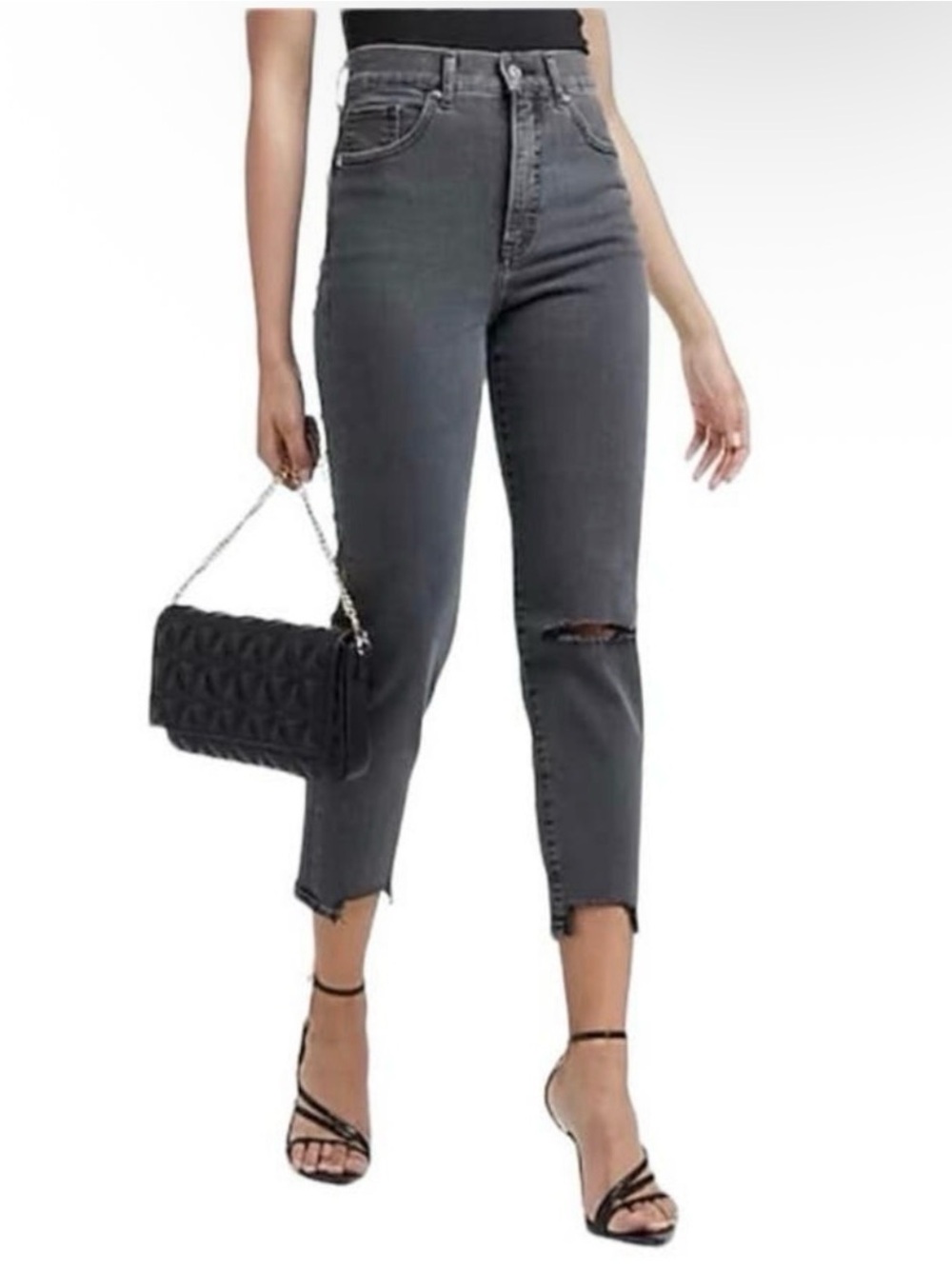 Express Super High Rise Mom Jean in Faded Black. Crop Raw Step Hem. Distressed 2